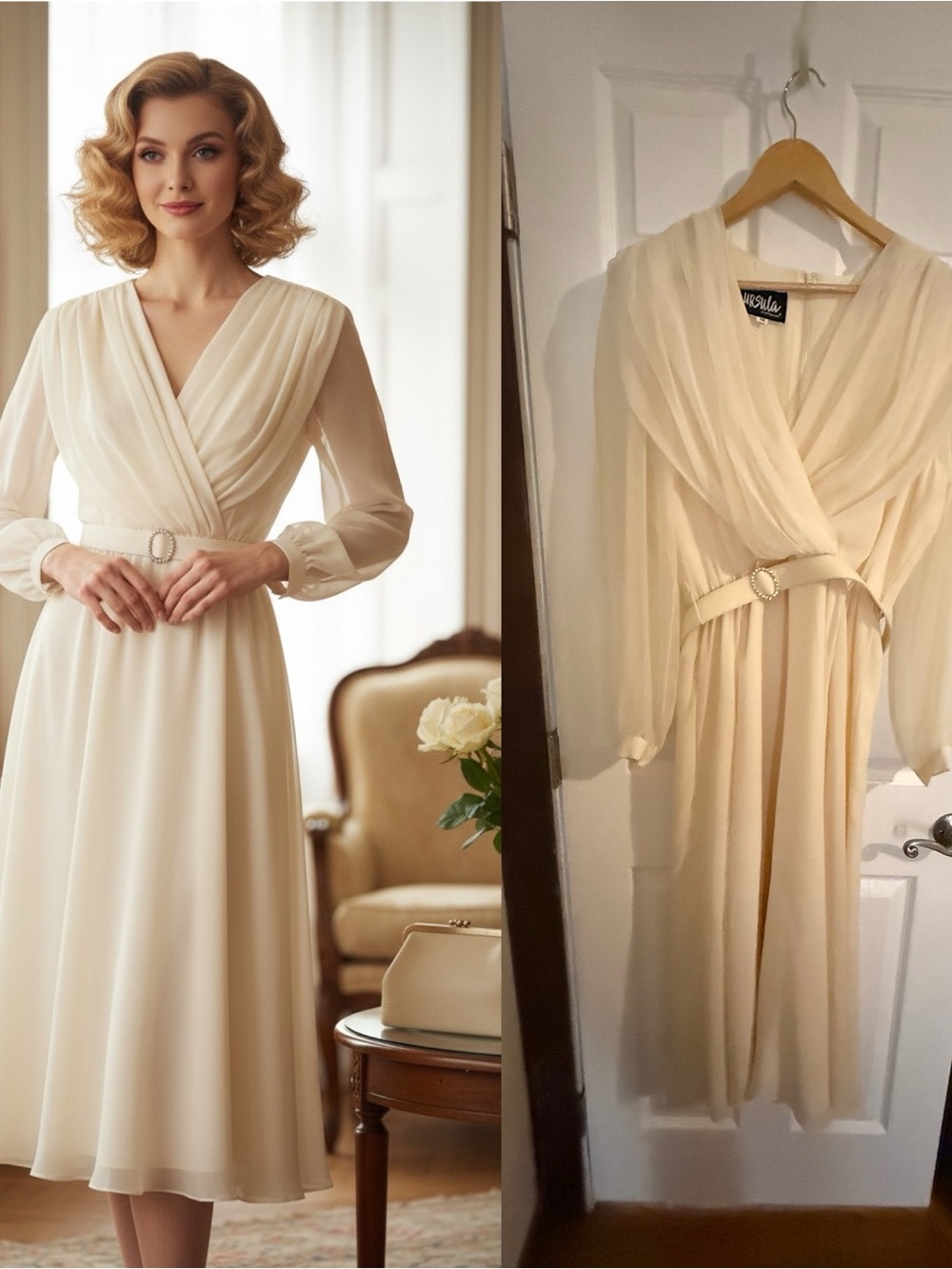 Vintage Ursula of Switzerland Ivory Chiffon Belted Dress Size 14
